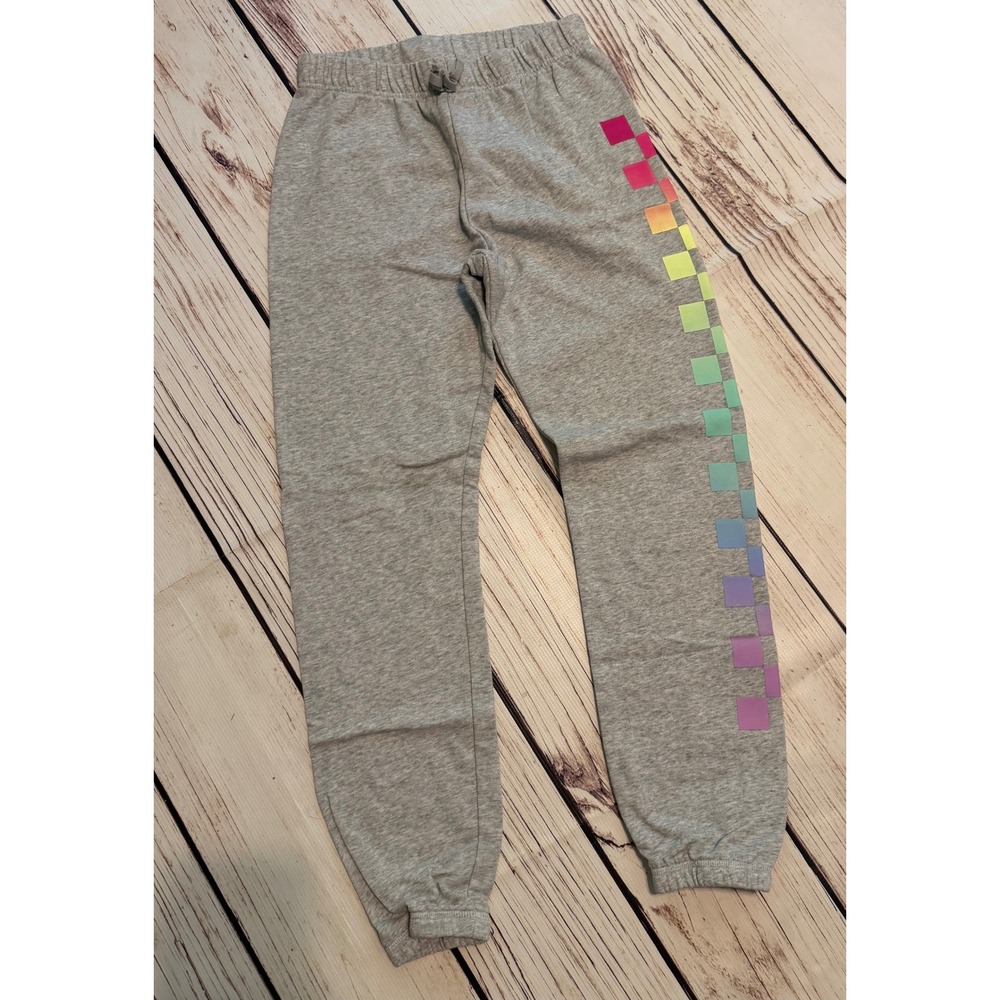 The Childrens Place Girls XL 14 Gray Rainbow Checkered Jogger Sweatpants Fleece
